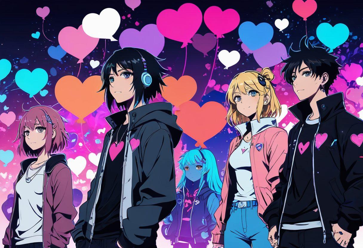 A captivating digital scene showcasing a diverse group of anime characters engaging in a vibrant online platform, with symbols of connection such as hearts and chat bubbles floating around. The background features a blend of neon colors and stylized digital elements, illustrating the fusion of desire and community in the adult anime genre. Include a sense of warmth and inclusion among the characters. digital art. cyberpunk. vibrant colors.